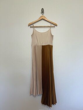 All Saints Two-Tone Beige and Brown Asymmetrical Pleated Slip Dress